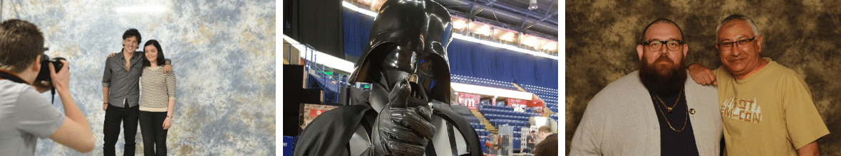 Three photos from EmCon showing photos with celebrities and darth vader